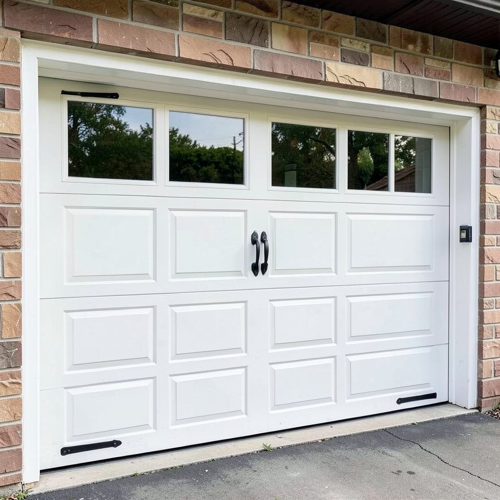 White long-panel garage door with windows on a residential home exterior